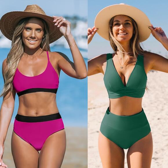 NWT Cupshe Bikini Set Two Piece Swimsuit Fuchsia & Black Green BUNDLE Size S - Picture 1 of 6